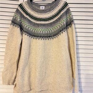 CAbi Cream and Gray Knit Sweater with Green Accents
